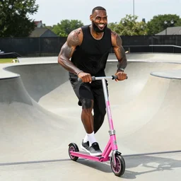 paparazzi photo of Lebron James on a pink scooter in a skatepark, ultra high definition, professional photography, dynamic shot, smiling