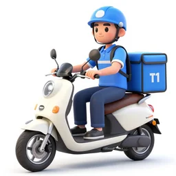 advertisement delivery driver on moped delivering packages, extremely high quality, artistic rendering, cartoon, sharp, no blur, edited, white background