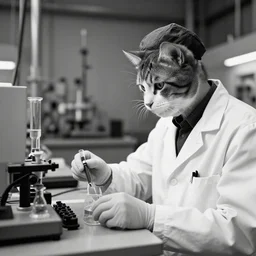 scientist cat working at the chernobyl nuclear power plant, cat in lab - coat, black & white photo