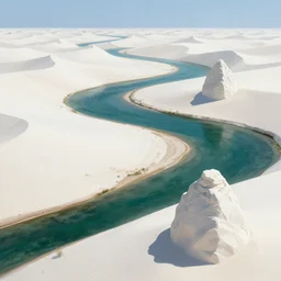 Landscape, white desert, white sand, white dunes, white monoliths. Deep green blue river. Fantasy, digital painting, HD, 4k, detailed.
