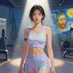 portrait of a beautiful girl inside a gym, futuristic clothes, pastel colors, beautiful face, rule of thirds, spotlight, drips of paint, expressive, passionate, by mandy jurgens, by vincent van gogh, digital painting