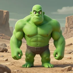 green man with ginormous muscles no nose big beady eyes in a wasteland bald