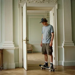 1 9 6 0 s movie still by tarkovsky of the invisible man, wearing a baseball cap, surf tshirt, cargo shorts and skate sneakers in a tiny neoclassical room, open doorway, cinestill 8 0 0 t 3 5 mm b & w, high quality, heavy grain, high detail, panoramic, ultra wide lens, cinematic composition, dramatic light, anamorphic, raphael style, piranesi style