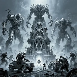 b & w inks machines as autolysis idols, terrifying, chrome tick giants, vehicle wearing flayed gods, in tiers, colossal medical gangrene machines in tiers, insane speed of dethroning melee, battle pit, by wayne d barlowe, boris vallejo, stefano tamburini, torch light, muted blue colors, epic, hyper detailed, awe inspiring, award winning horror