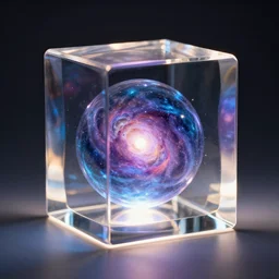 the universe inside a glowing glass cube, backlit, 8 k