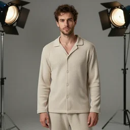 richard iv the roman king, real human wearing beige elastic cashmere pyjama, soft studio lighting, sigma lens photo,