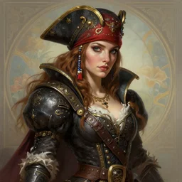 portrait of a pirate queen, deep focus, intricate, elegant, regal, highly detailed, digital painting, artstation, concept art, matte, sharp focus, illustration, d & d, fantasy, hearthstone, art by artgerm and greg rutkowski and alphonse mucha