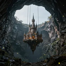 one floating castle in the middle of high mountains hanging by chains inside a cave crater jewelry mine only darkness background, fireflies, clean sky, hight contrast, void, 8 k resolution, unreal engine 5, hyper - detailed, perspective view, 2 4 mm lens, by simon bisley, beeple, justin gerard