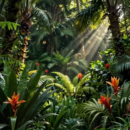 lush landscape with tropical flowers and plants