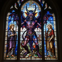 photorealistic rendering of eldritch demon stained glass window in the style of michael whelan, gustave dore, and stefan koidl. hyperdetailed photorealism, 1 0 8 megapixels, cinematic lighting.