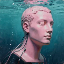 alex gross, award winning masterpiece with incredible details, zhang kechun, a surreal vaporwave vaporwave vaporwave vaporwave vaporwave painting of an old pink mannequin head with cables and wires coming out of it's neck, sinking underwater, highly detailed