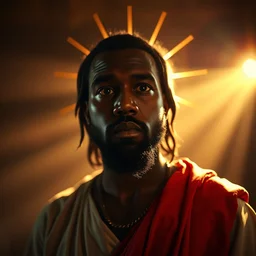 photo full body portrait of kanye west as jesus, looing into the camera, sun behind head, saint, holy, splash art, movie still, cinematic lighting, dramatic, octane render, long lens, shallow depth of field, bokeh, anamorphic lens flare, 8 k, hyper detailed, 3 5 mm film grain