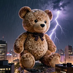 a giant teddy ruxpin destroying a city, at night, hyperrealistic, rain and lightning