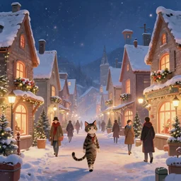 cat christmas fantasy village street view by artgerm and Craig Mullins, James Jean, Andrey Ryabovichev, Mark Simonetti and Peter Morbacher 16k