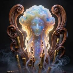 medusa made of soft translucent wax, wooden art nouveau swirls, strong subsurface scattering, smoke, tubes, gold elements, subsurface scattering, in the style of kai carpenter, subsurface scattering, mystical colors, back light, rim light, dramatic lighting, 8 k, stunning scene, octane render, artstation