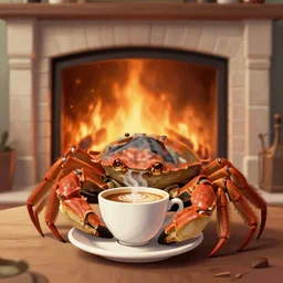 a crab drinking coffee in front of a fireplace, digital art