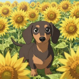 portrait of a cute dachshund, in a field of sunflowers, rich vivid colors, ambient lighting, dynamic lighting, 4k, official media, anime key visual, makoto shinkai, ilya kuvshinov, lois van baarle, rossdraws, detailed, trending on artstation