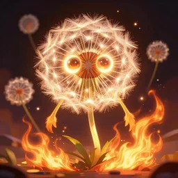a glowing humanoid figure dandelion monster with large glowing eyes, surrounded by elemental flames, highly detailed, digital art, sharp focus, trending on art station, artichoke, anime art style