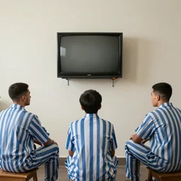 inmates in striped suits sitting around a television bolted to the wall, rule of thirds, rendered in octane, rendered in Corona, rendered in vray, rendered in Arnold, insanely detailed, photorealistic, cinematic, global illumination, no grain