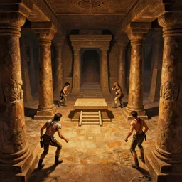 deathtrap dungeon, by joe dever, lone wolf, ancient temple, pillars, tomb raider, indiana jones, altar, traps, from inside a temple, temple run, painted by greg rutkowski