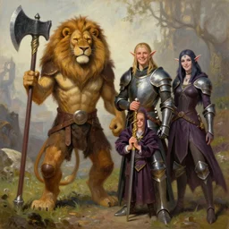 4 peoples, lion humanoid with giant axe and shorts, elf knight, young half elf wizard, tiefling female warlock, d & d party, happy, oil painting