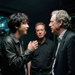 film still of jungkook talking passionately with tom waits and bryan cranston in cosmic horror! the musical by david cronenberg, horror sci fi, 3 5 mm film, atmospheric, ultra fine detail, film grain, photorealistic, hyperrealistic dramatic lighting