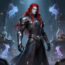 a dnd holomancer, male, technological longcoat, long red hair, white skin, holographic creatures, lab background, high fantasy, science fiction, highly detailed, sharp focus, smooth, digital illustration, by clyde caldwell