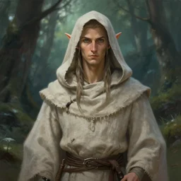 beautiful, digital art, portrait painting of a male elf wizard, wearing linen hooded cloth. forest background. artstation, by bartek fedyczak, erak note, tooth wu, neil richards, kan liu, siwoo kim, jisu choe