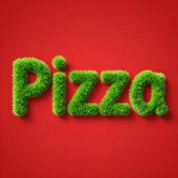 text font made out of grass spells the word pizza on a red background. word - pizza - made - out - of - grass