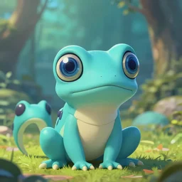 3 d rendered digital painting of cyan spirit axie pet with hypnotic spiral eyes, hypnofrog, in a fantasy mmo, ghibli studio