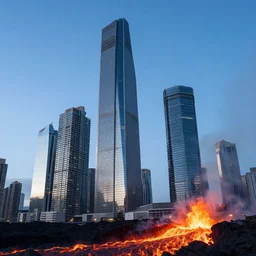 very high skyscrapers next to lava