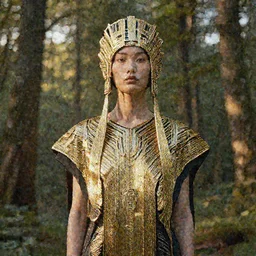 innovative avant - garde art, deco fashion, asian women, highly detailed, photorealistic portrait by michael chavel, serene forest setting, golden hour, crisp quality and light reflections, octane render