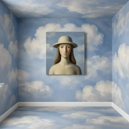 room with clouds wallpaper, painting by rene magritte, centered, high detail, high resolution