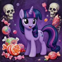 painting of a terrifying evil candy themed pony, surrounded by different kinds of candy and skeletons, evil candy mare, my little pony creepy pasta, extremely detailed!!!