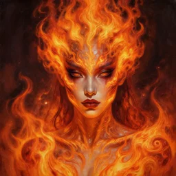 A very detailed horrifying portrait painting of the fire princess, fire patterned skin, 8k, trending on artstation cgsociety, masterpiece, in the style of DiscoDiffusion.