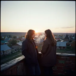 lomo photo of pair standing on balcony full with cigarette smoke in small russian town at sunset