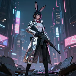 advanced digital art of an anime girl with bunny ears wearing a long reflective coat holding a rifle standing in a futuristic ruined city at night, neon lighting, in the style of ross tran, - - h 1 0 8 0 - - w 1 9 2 0
