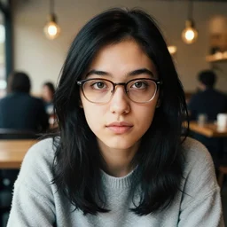 a photograph of a nerdy young woman from ucla wearing a sweater, sitting in a cozy cafe, black hair, dof, sharp focus, highly detailed face, symmetric face, realistic iris, cinestill 8 0 0 t, photography by ellen von unwerth