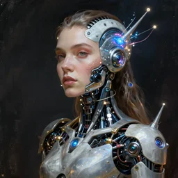 a stunning magic robot woman with cybernetic enhancements, wires, led lights, organic, futuristic, by zaha hadid and artgerm and beeple