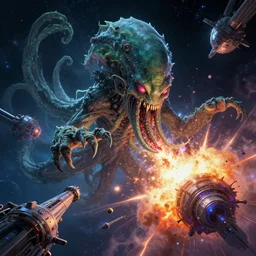 An epic beautiful digital artwork of an ancient terrifying Cthulhu in space, consuming and eating and destroying a futuristic colorful spacestation.  Bright explosions.  By Ken Fairclough and Dylan Cole, trending on behance, trending on artstation, award winning.  PBR, path tracing, octane render, highly detailed.