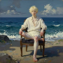 androgynous albino korean appearance, sitting in a chic chair in the middle of the sea harry clarke style photorealistyc
