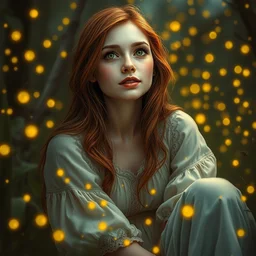 an amazed young woman surrounded by golden firefly lights in a mesmerizing scene, sitting amidst nature fully covered, detailed dress, long loose red hair, precise linework, accurate green eyes, small nose with freckles, smooth oval shape face, empathic, bright smile, expressive emotions, hyper realistic ultrafine portrait by artemisia gentileschi, jessica rossier, artgerm