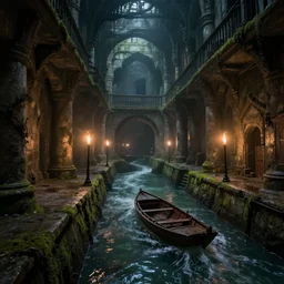 inside the ancient flooded sewers in the old part of the city. fantasy art, layers of architecture, adventure, wet, standing water, channel, canal, boat, lamp, running water, stream, channel, musty, moss, sewage, dark, underground, abandoned spaces, torch - lit. by h r geiger and fred fields