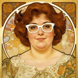 portrait of a curvy stocky romanian woman, brown hair, messy bob, brown eyes, romanian, laugh lines, full upper lip and thin lower lip, round face, round chin, round nose, white glasses, glasses, big forehead, white reading glasses, librarian, wide shot, digital art, alphonse mucha, loish, art nouveau, 8 k, trending on artstation