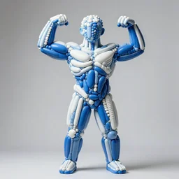 a fine art photograph formal self sculpture by the artist kelbv, in realistic style with tubes neatly navigating the contours of his body, and disjoint body pumped full with blue and white ellipsoids, perfect studio lighting.