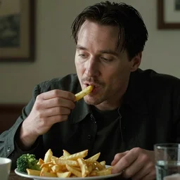 keanu reeves from the matrix eating fries with broccoli, unreal engine