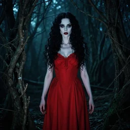 in the style of joshua middleton, full body, pretty alyson hannigan, evil dead demon, evil dead movie, red dress, symmetrical eyes, symmetrical face, long curly black hair, joshua middleton, trees, forest, branches, cinematic lighting, evil dead creature, scary
