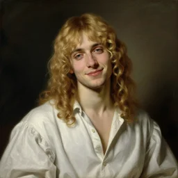 beautiful portrait painting of Edward Elric with long curly blond hair, delicate young man wearing an open poet shirt smiling sleepily at the viewer, symmetrically parted curtain bangs, in love by Peter Paul Rubens and Norman Rockwell