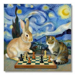 a painting of a rabbit playing chess against a cat in the style of van gogh