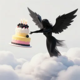 darkangel throwing a yellowpinkblack birthday cake from the clouds onto a lady with two dogs, kodak film, award - winning photo